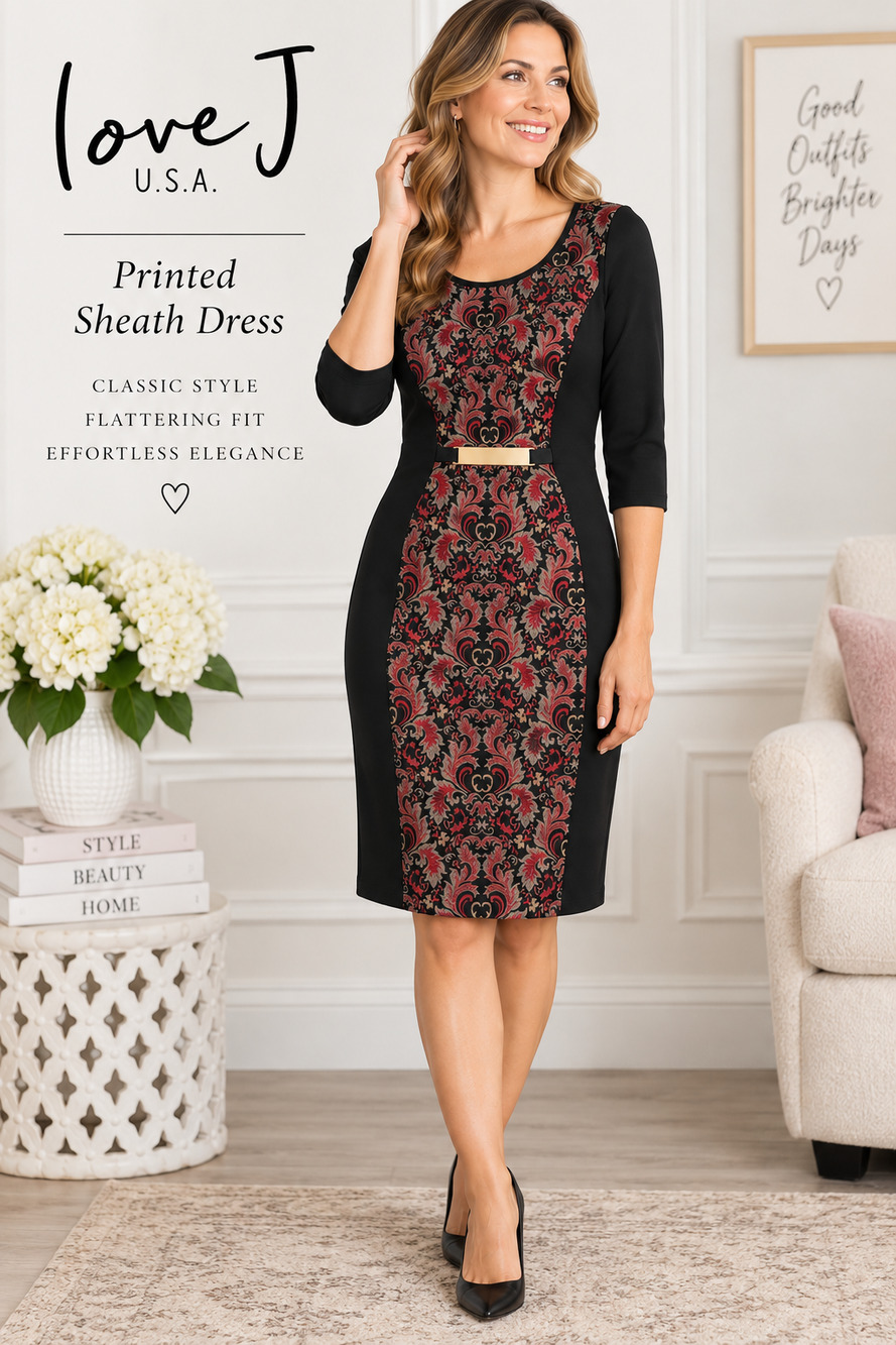 Love J USA Women's Large Black Damask Print Sheath Dress 3/4 Sleeve Belted